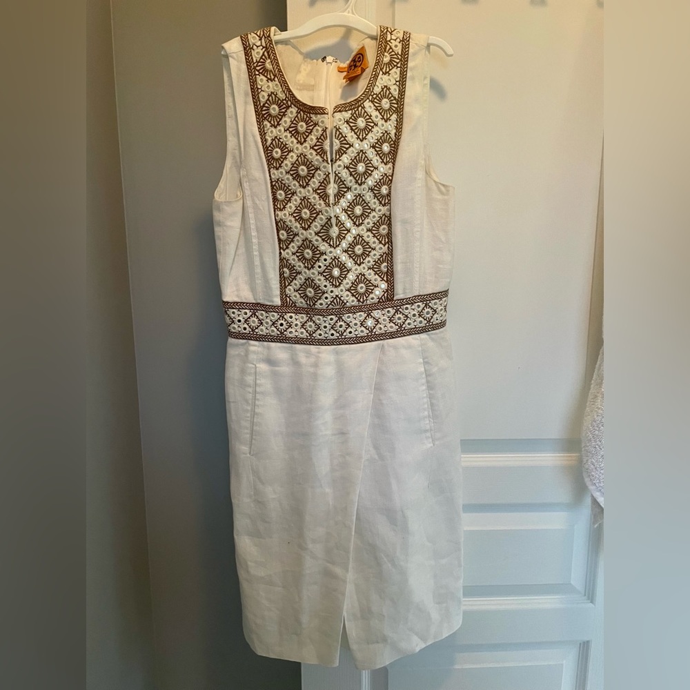 Tory Burch White and Gold Dress with Pockets